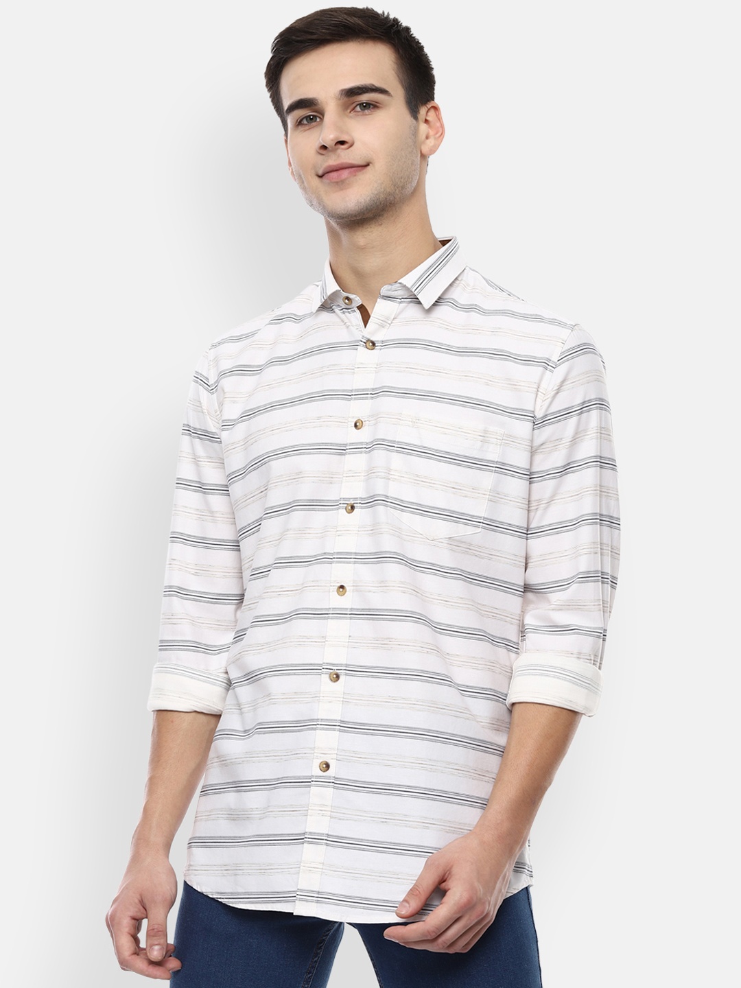 Van Heusen Sport Men White & Black Slim Fit Striped Casual Shirt