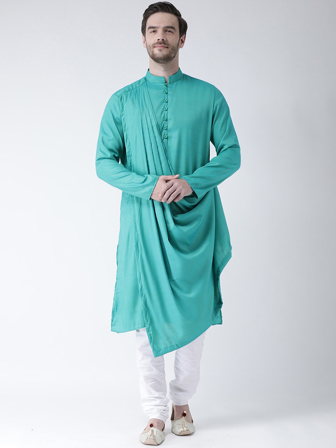

DEYANN Men Green Solid Straight Asymmetric Kurta