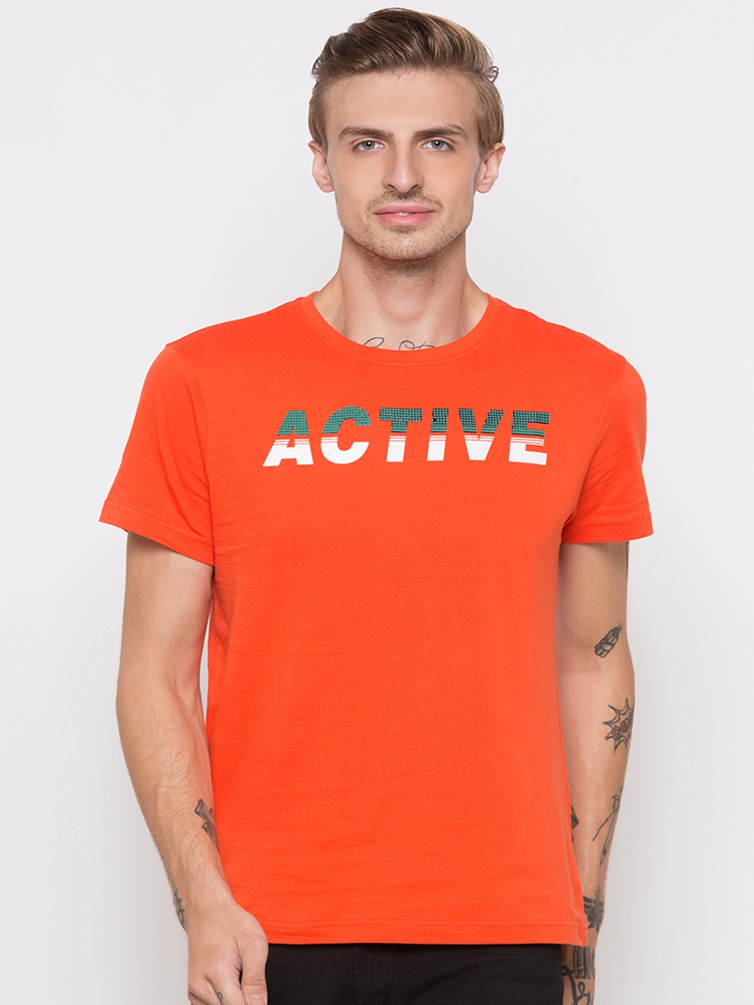 

Globus Men Orange Printed Round Neck T-shirt