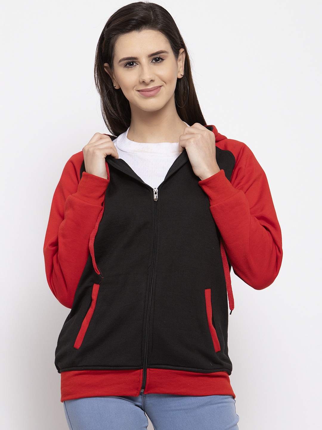

VOXATI Women Black & Red Solid Hooded Sweatshirt