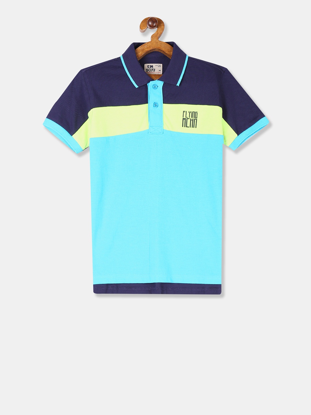 

Flying Machine Boys Blue & Lime Yellow Colourblocked Polo Collar T-shirt