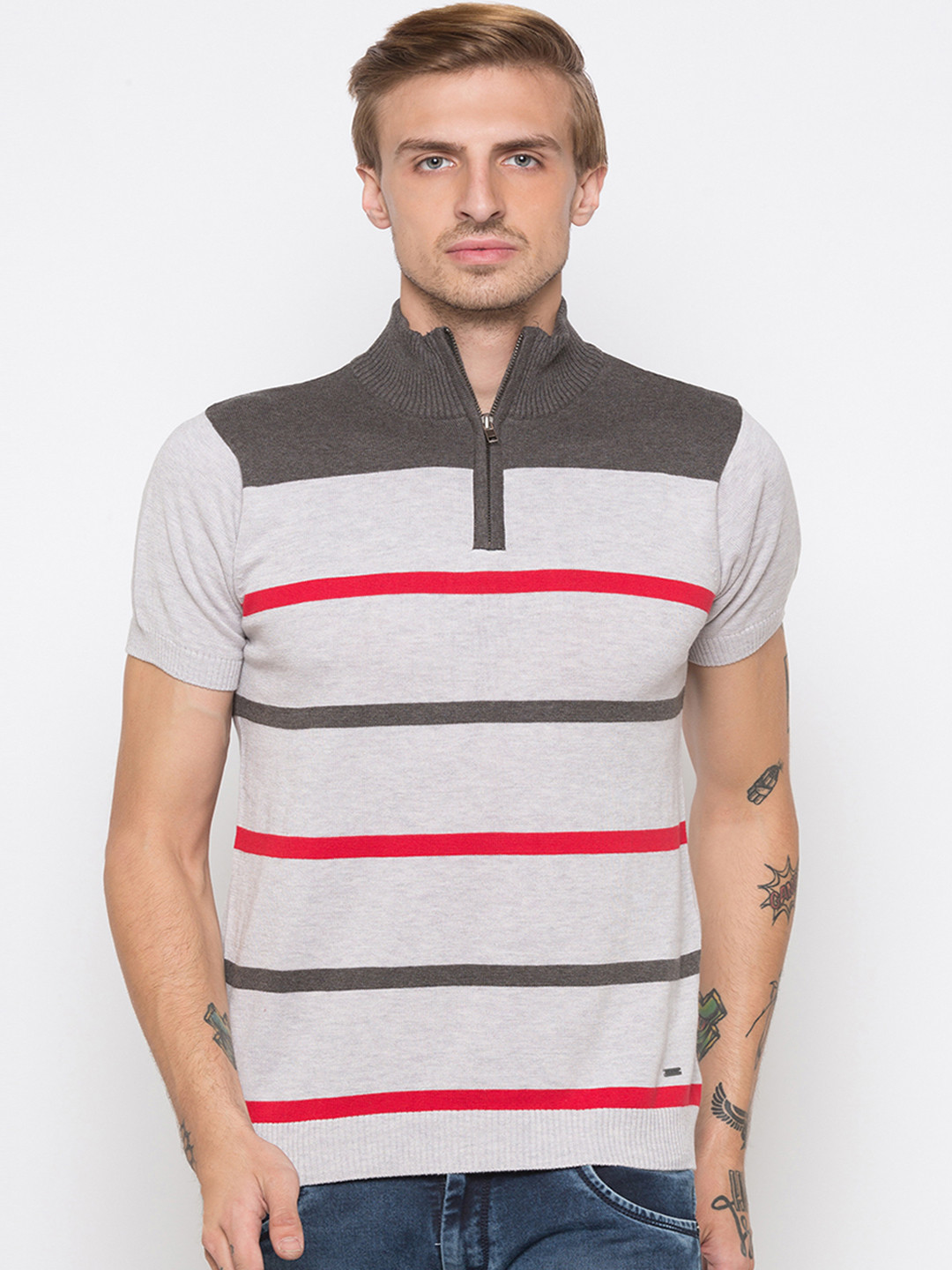 

Globus Men Grey Striped High Neck T-shirt