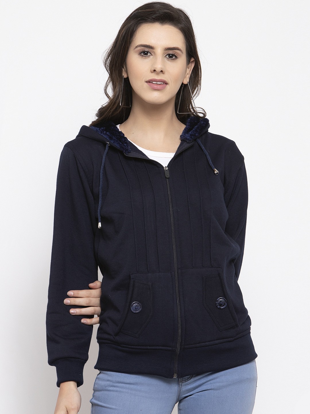 

VOXATI Women Navy Blue Solid Hooded Sweatshirt