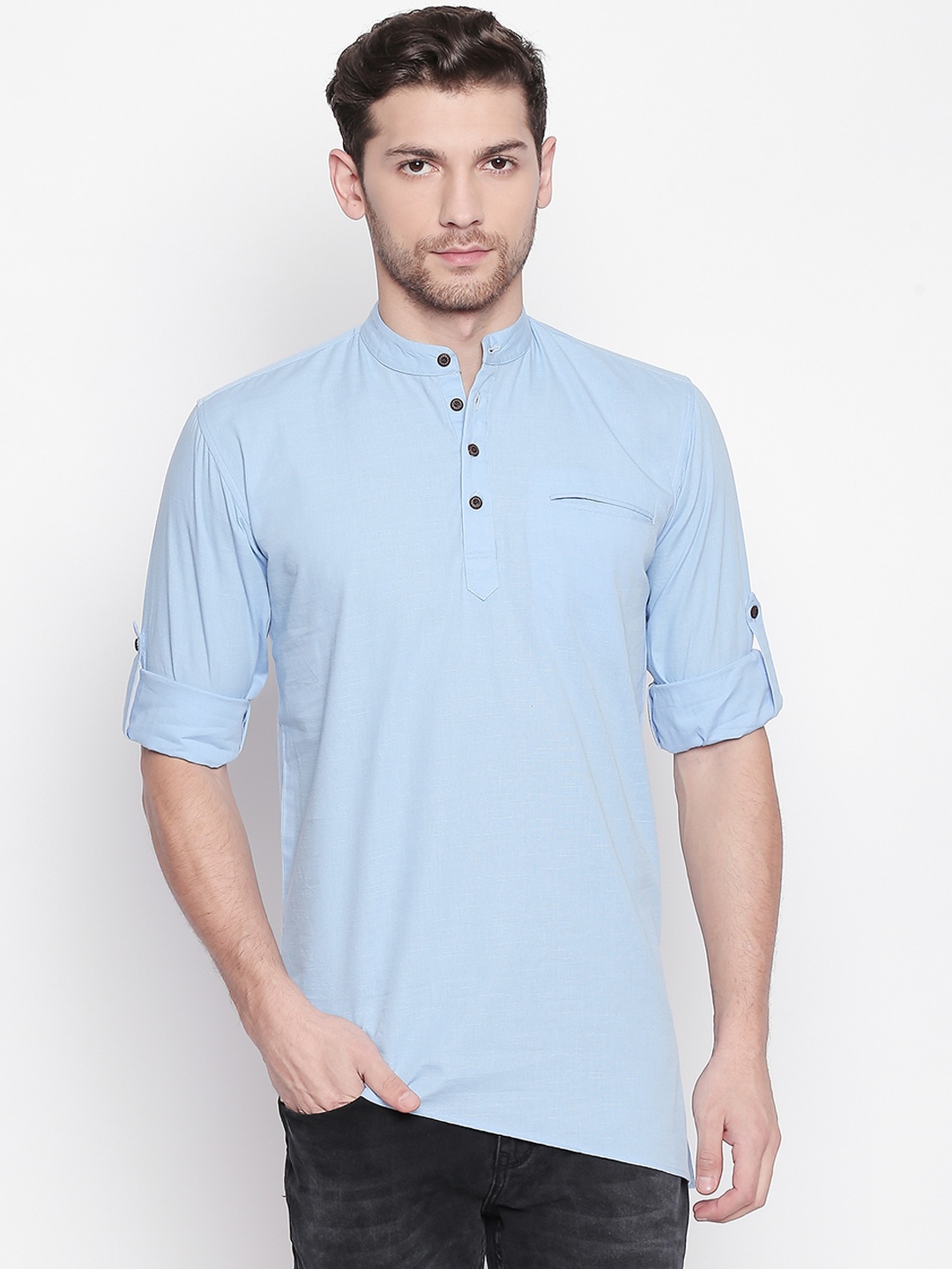

ROLLER FASHIONS Men Blue Solid Asymmetric Straight Kurta