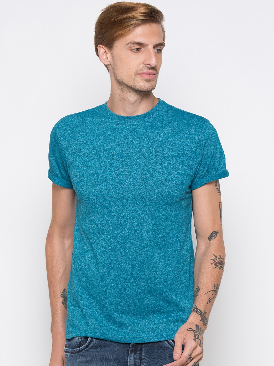 

Globus Men Turquoise Blue Printed Round Neck T-shirt