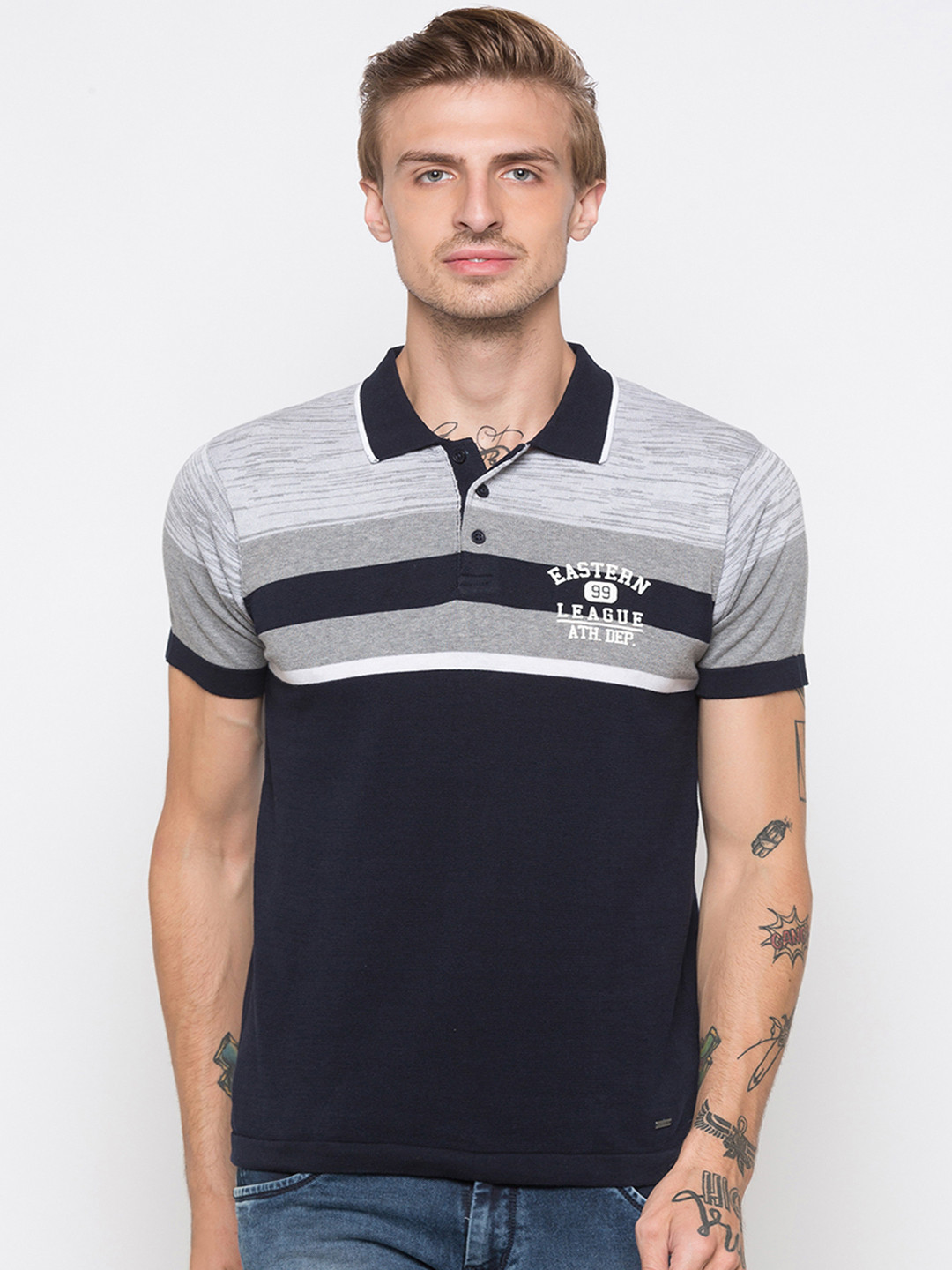 

Globus Men Navy Blue Striped Polo Collar T-shirt