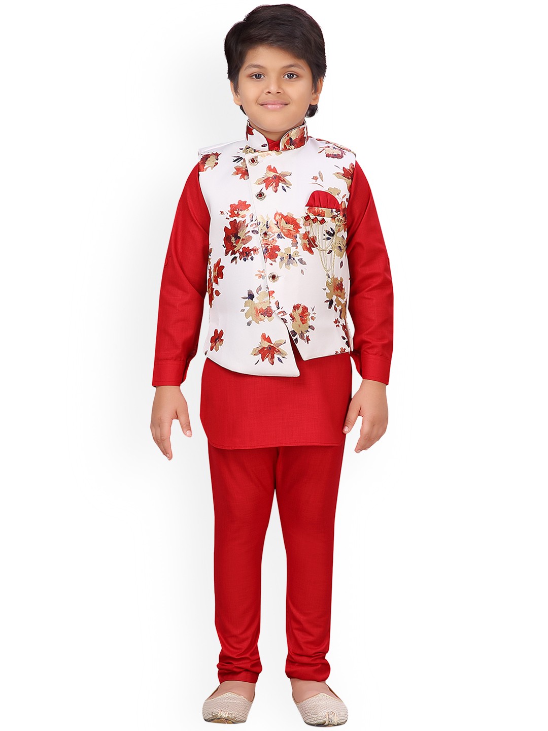 

Aj DEZInES Boys Red & White Printed Kurta with Pyjamas & Nehru Jacket