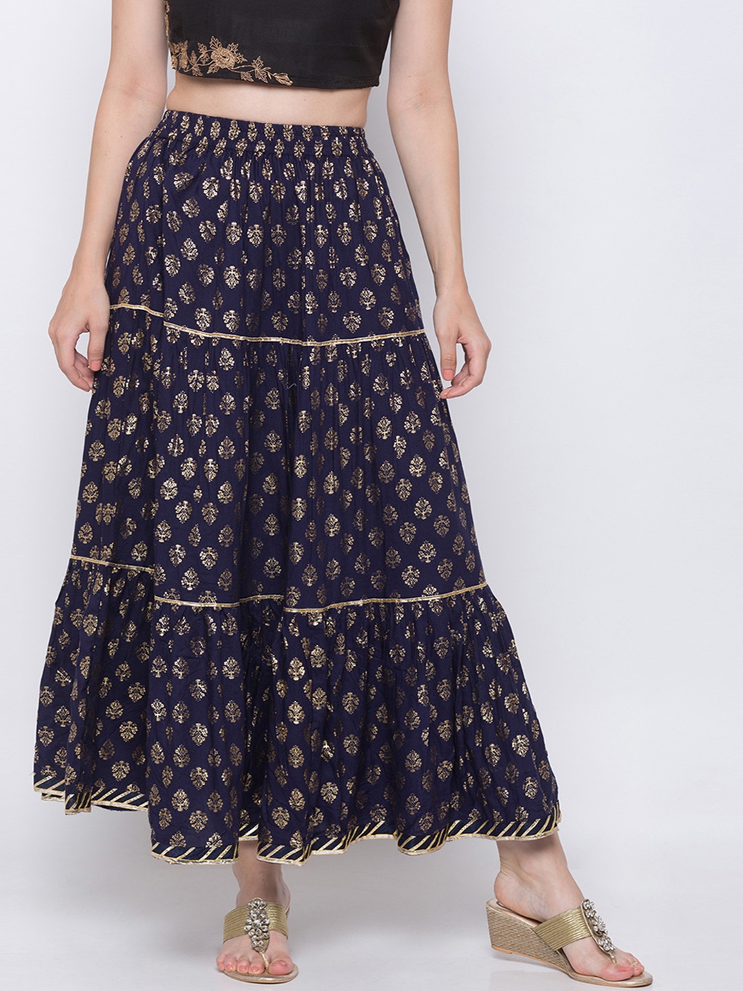 

Globus Women Navy Blue & Gold-Tone Printed Tiered Maxi Skirt