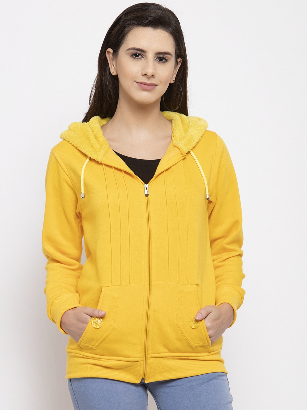 VOXATI Women Yellow Solid Hooded Sweatshirt