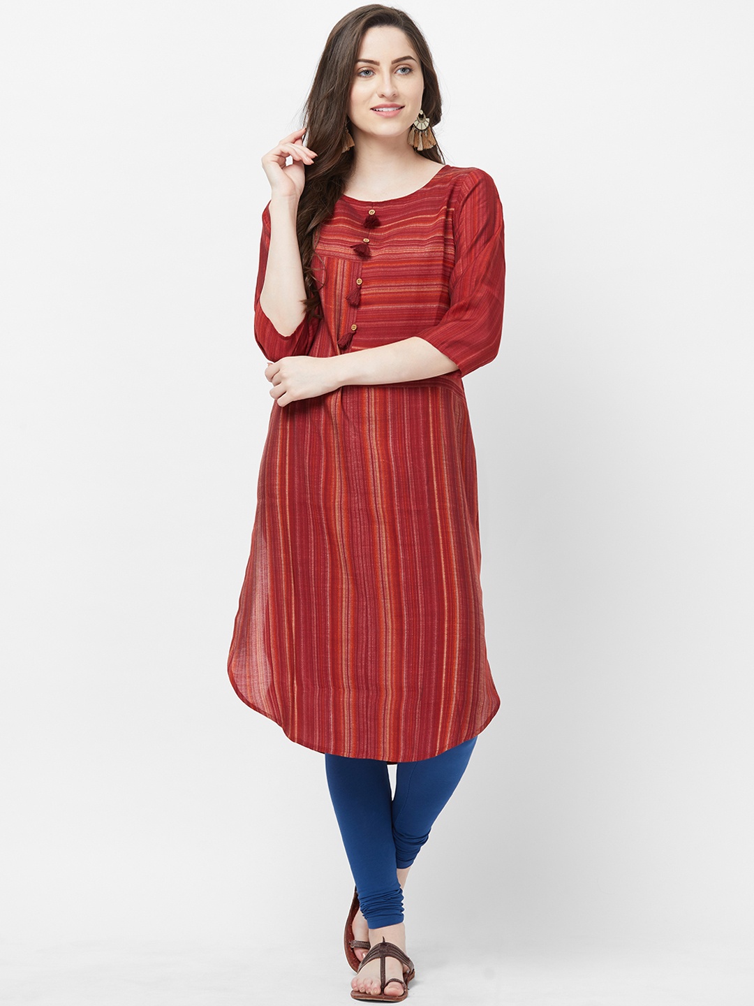 

Fusion Beats Women Red & Beige Striped Straight Kurta