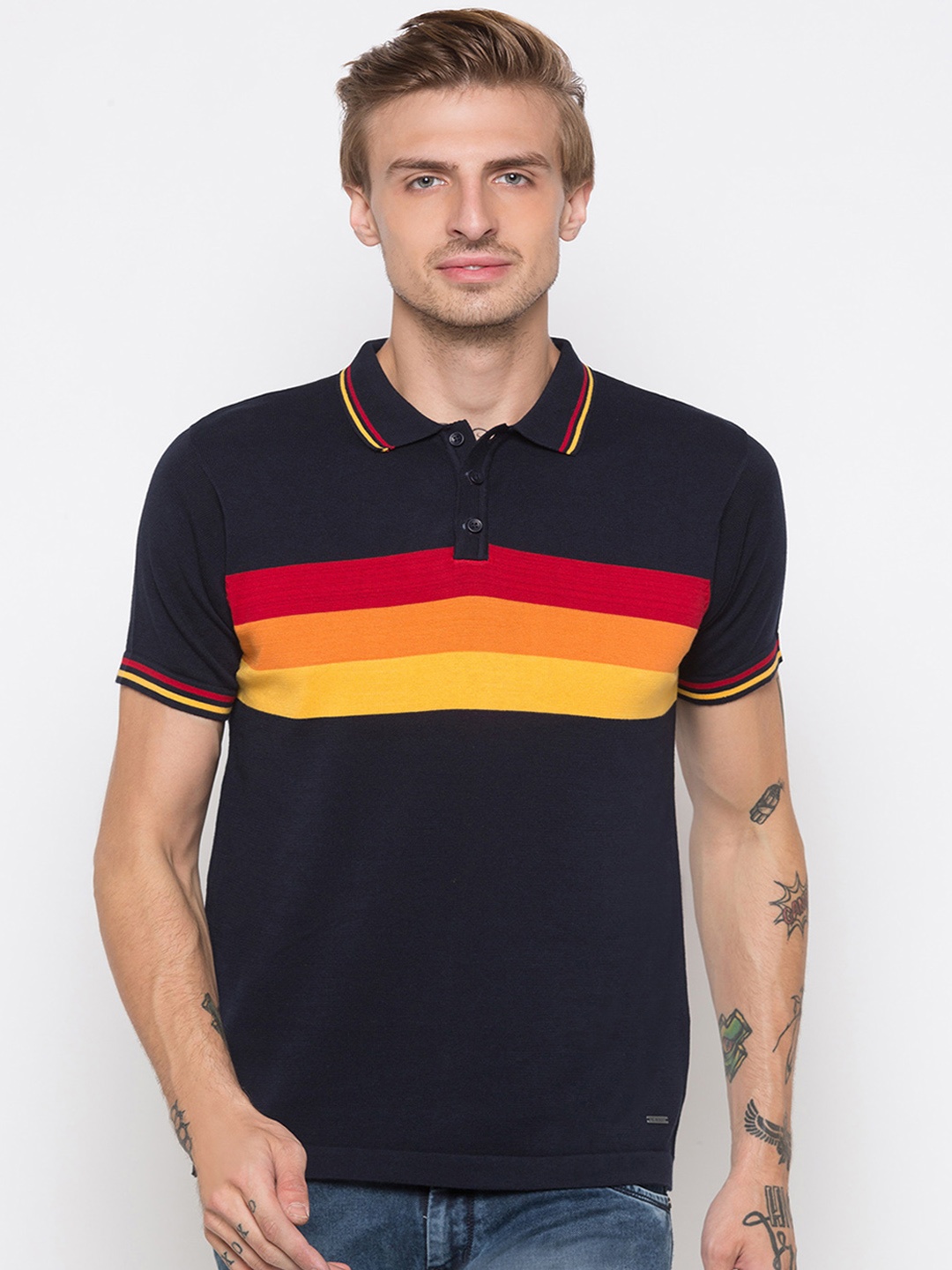 

Globus Men Navy Blue Striped Polo Collar T-shirt