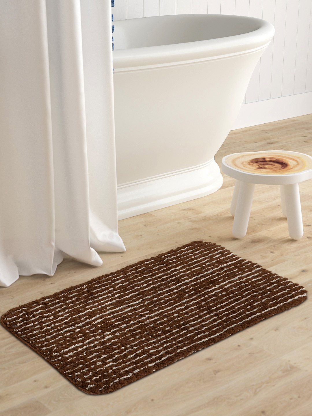 Saral Home Brown & Grey Striped Furry Soft Anti-Skid Bathmat