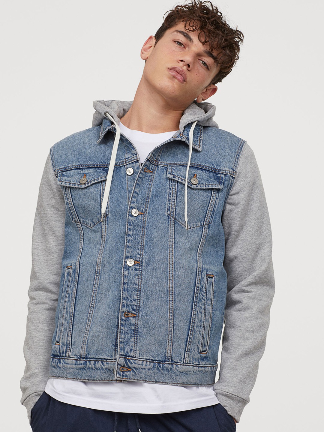 

H&M Men Blue & Grey Hooded Denim Jacket