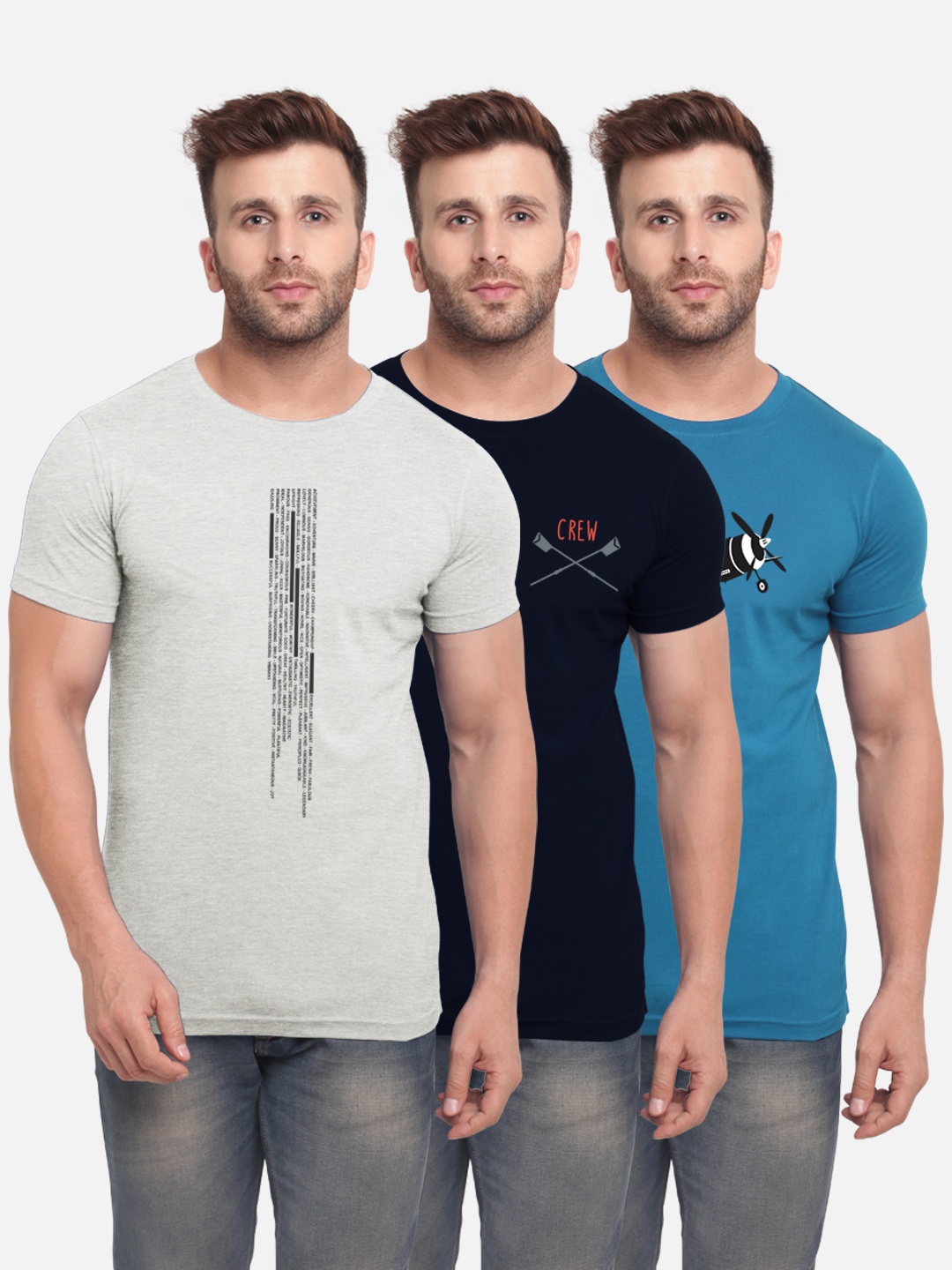

BULLMER Men Pack of 3 Printed Round Neck T-shirt, Grey