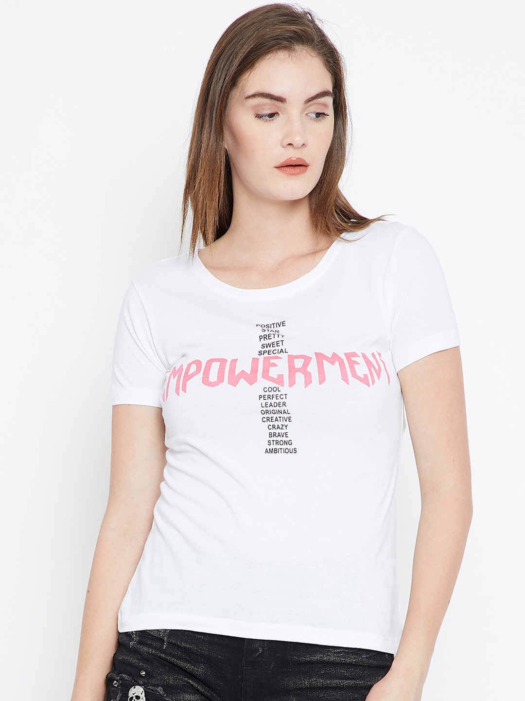 PUNK Women White Pink Printed Round Neck Pure Cotton T-shirt