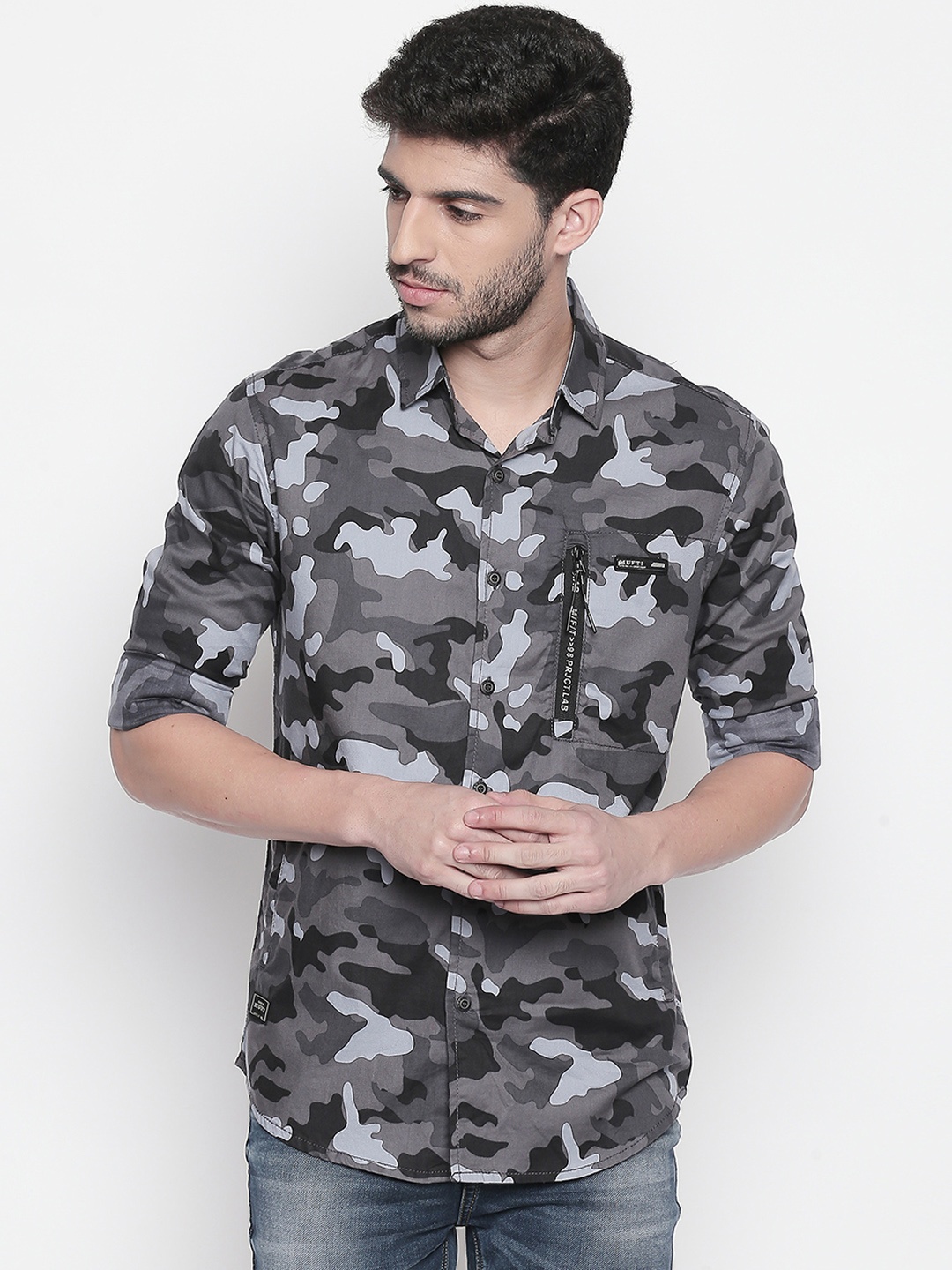 

Mufti Men Grey Slim Fit Camouflage Printed Casual Shirt