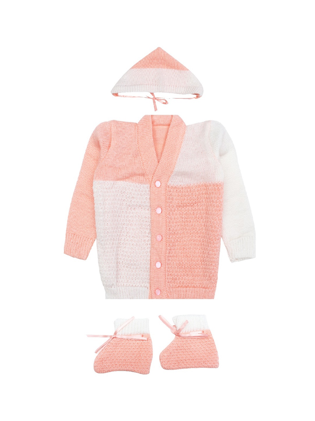 

MeeMee Infants Peach-Coloured & White Colourblocked Sweater With Beanie & Booties