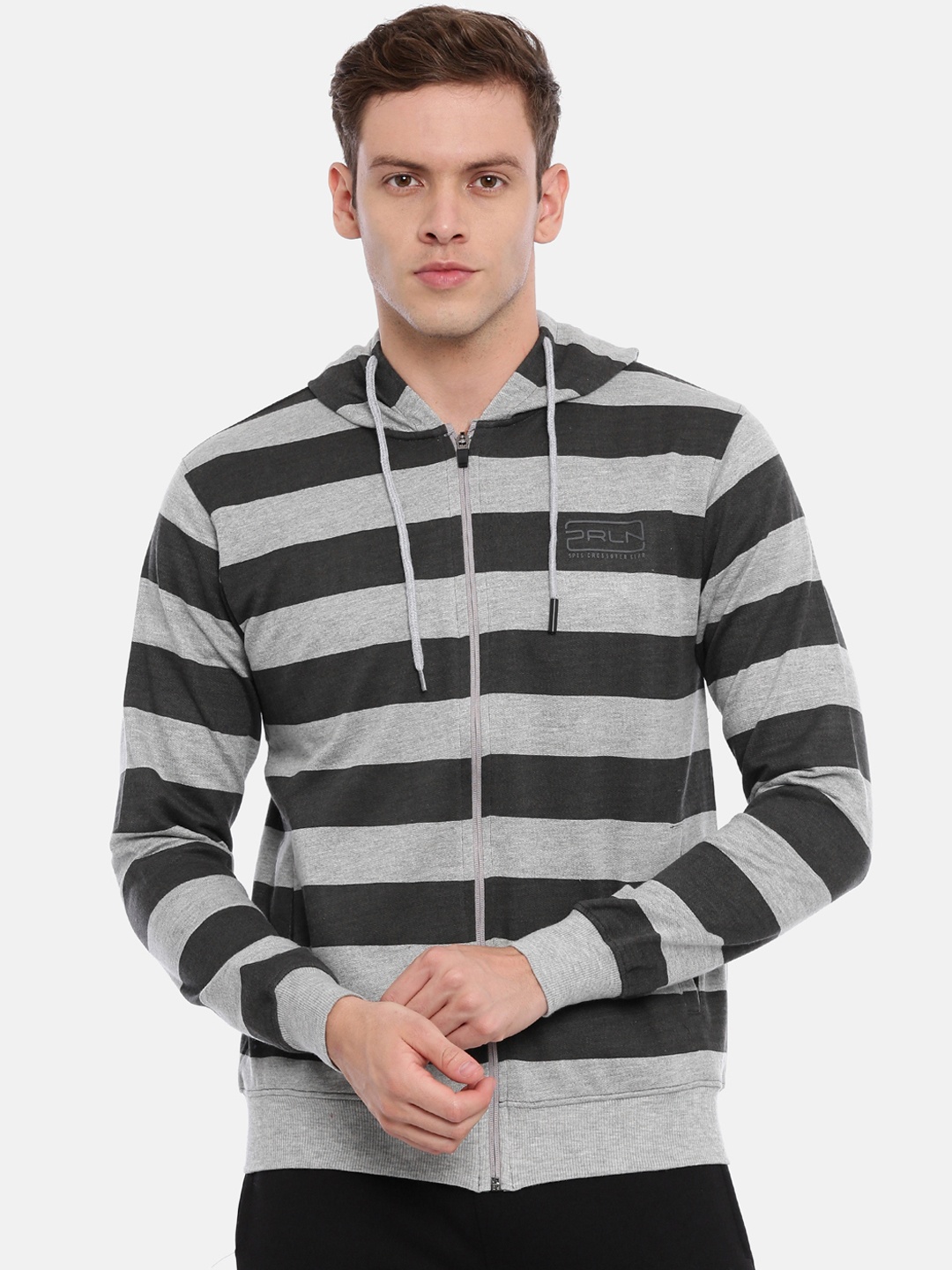 

Proline Active Men Grey Melange Striped Hooded Sweatshirt