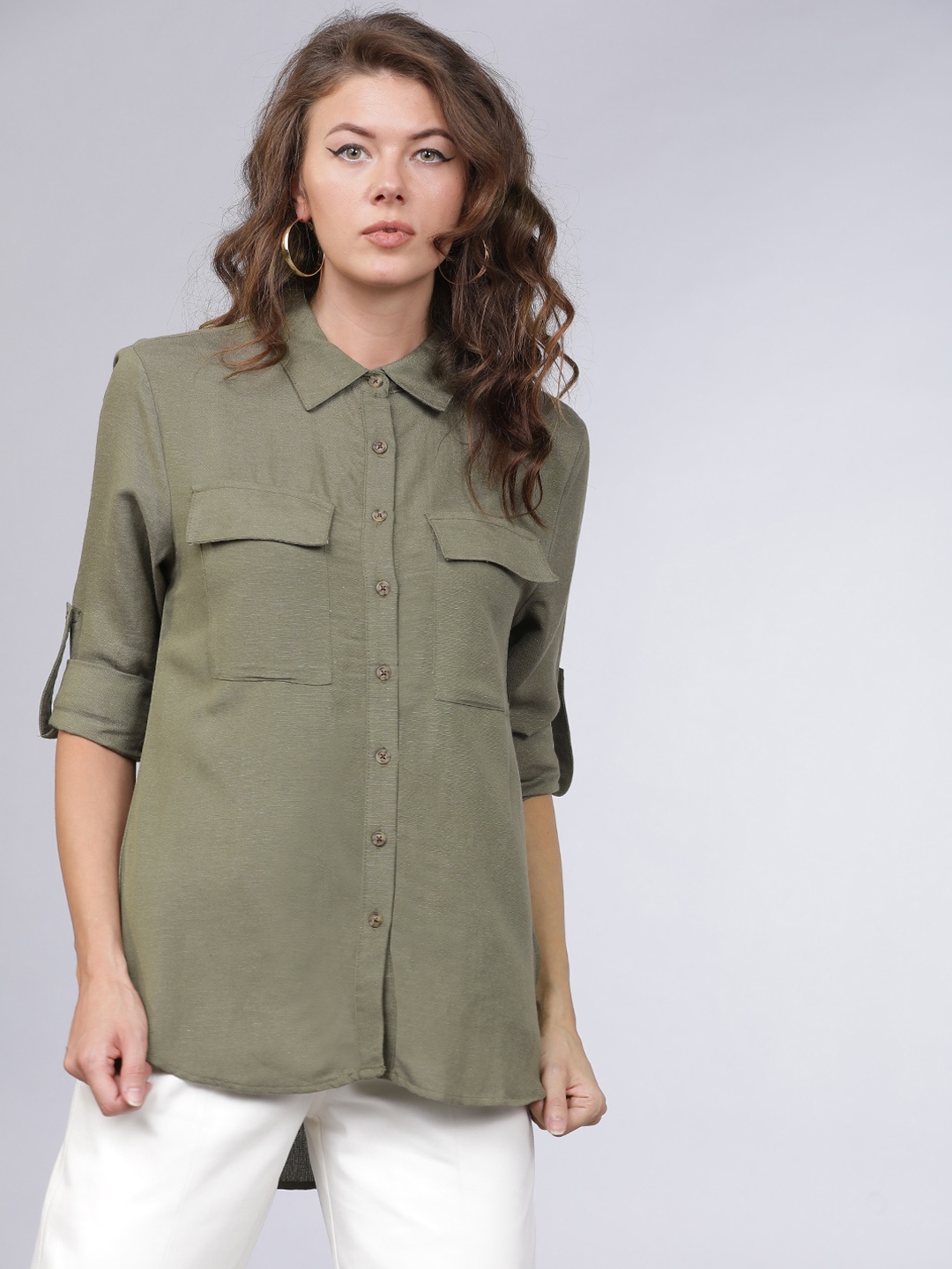 

Tokyo Talkies Women Olive Green Regular Fit Solid Casual Shirt