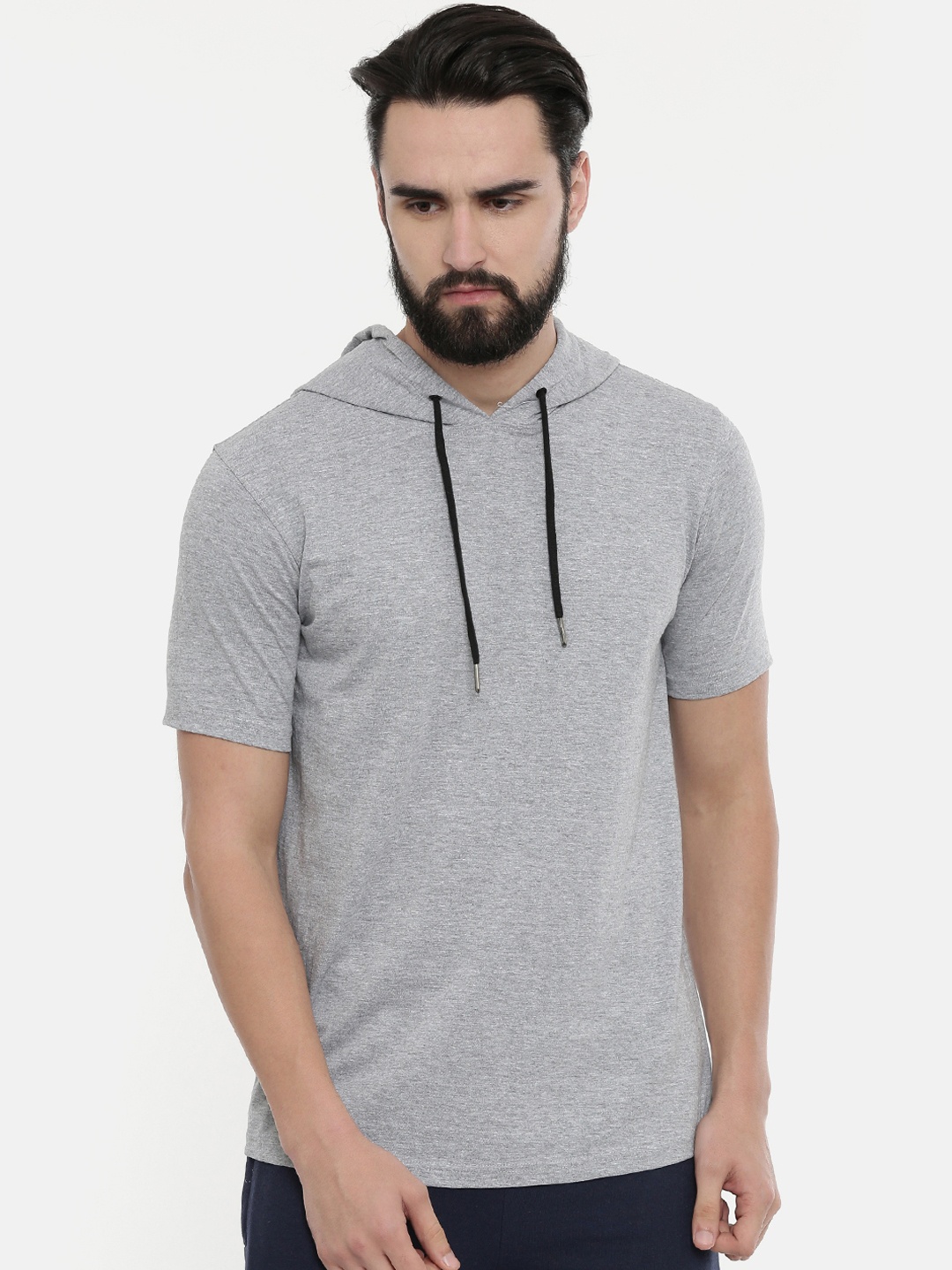 Bushirt Men Grey Melange Solid Hood T-shirt