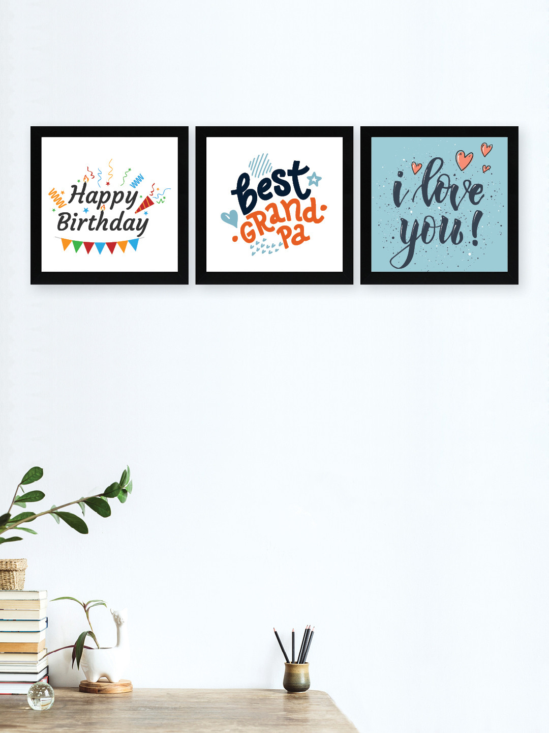 

nest ART Set Of 3 Blue & White Printed Happy Birthday Framed Posters