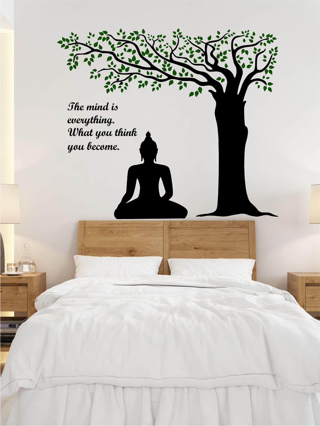 rawpockets White & Black Lord Buddha under Tree and Quote on Mind Wall Stickers