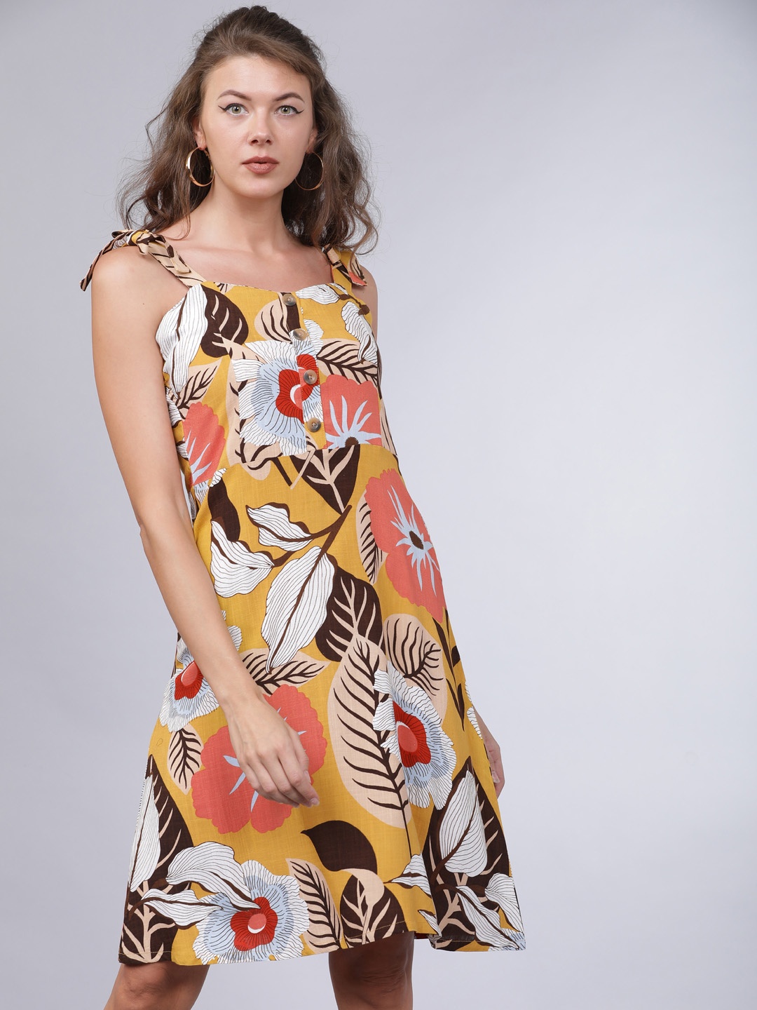 

Tokyo Talkies Women Mustard Yellow & Brown Floral Printed A-Line Dress