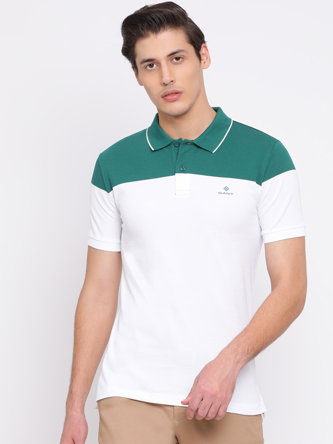 

GANT Men Green& White Colourblocked Polo Collar T-shirt