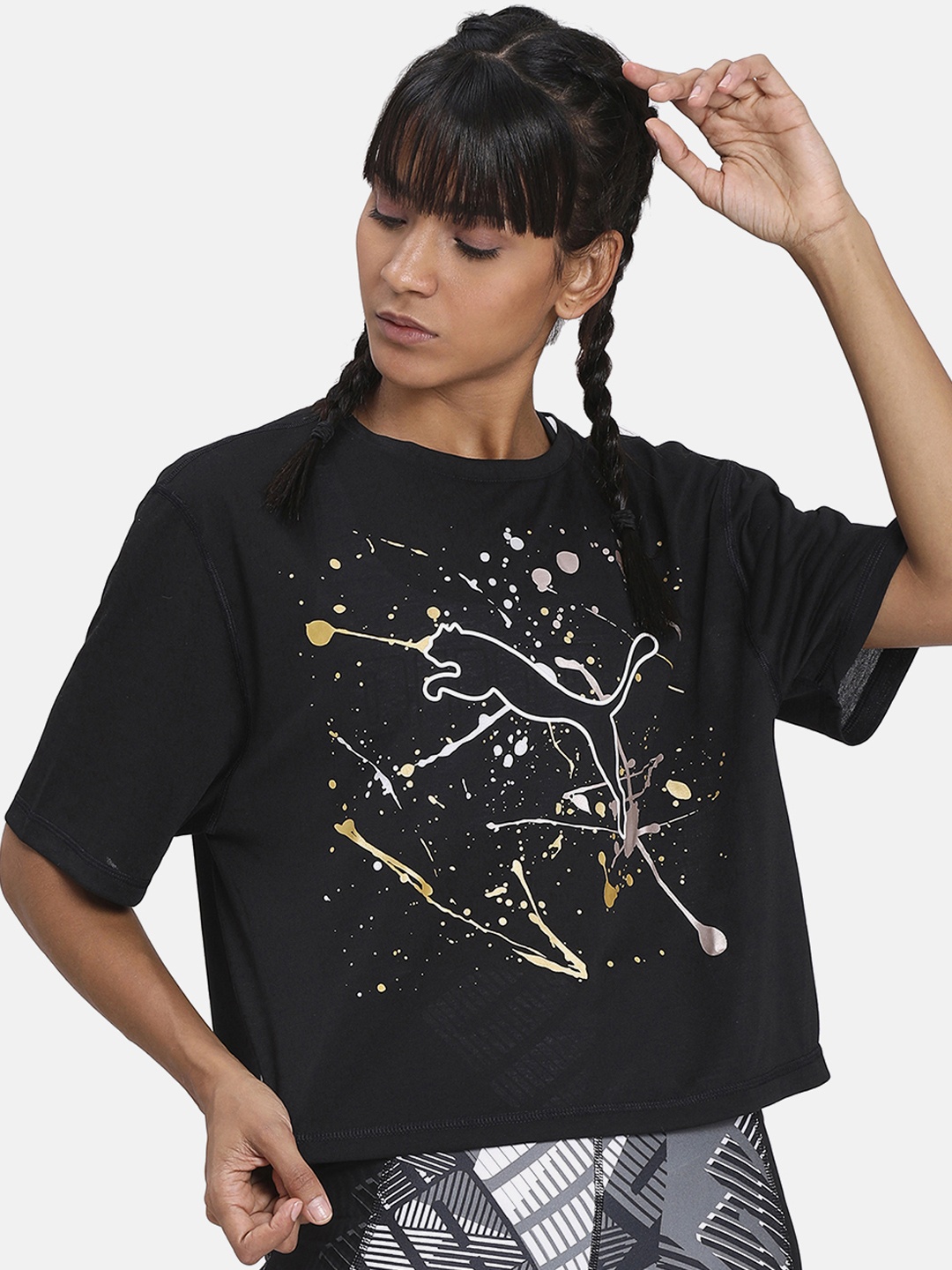 

Puma Women Black Metal Splash Graphic Round Neck T-shirt
