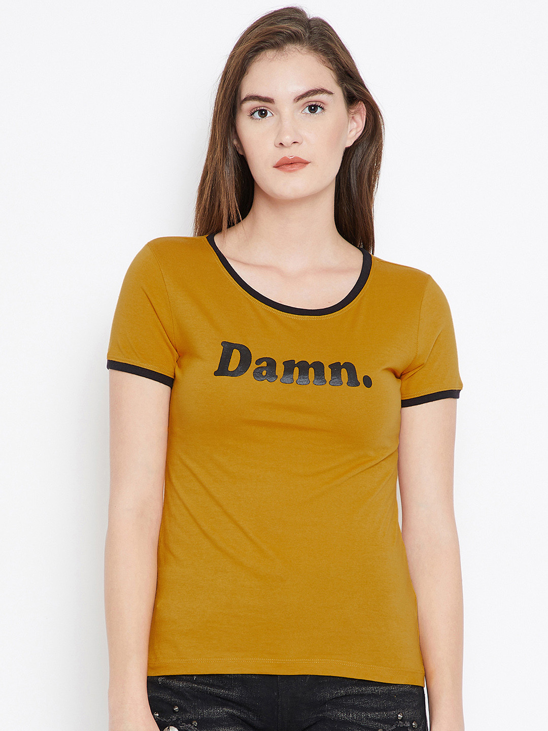 

PUNK Women Mustard Yellow Printed Round Neck T-shirt
