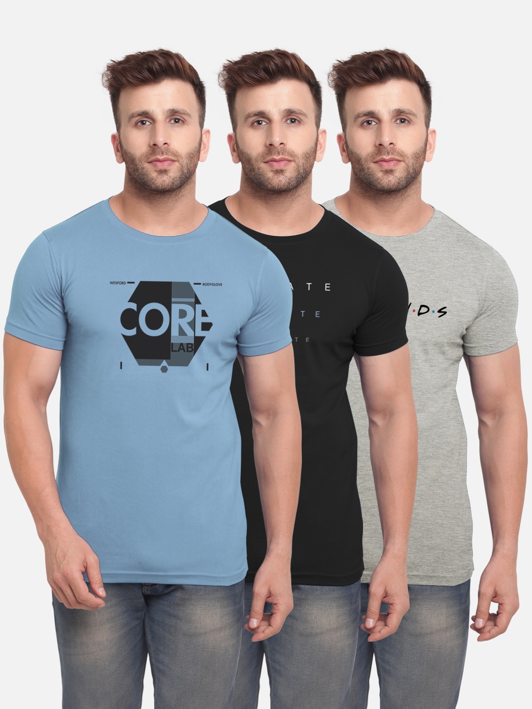 

BULLMER Men Pack of 3 Printed Round Neck T-shirts, Blue