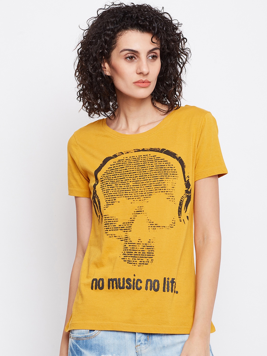 

PUNK Women Yellow Printed Round Neck T-shirt