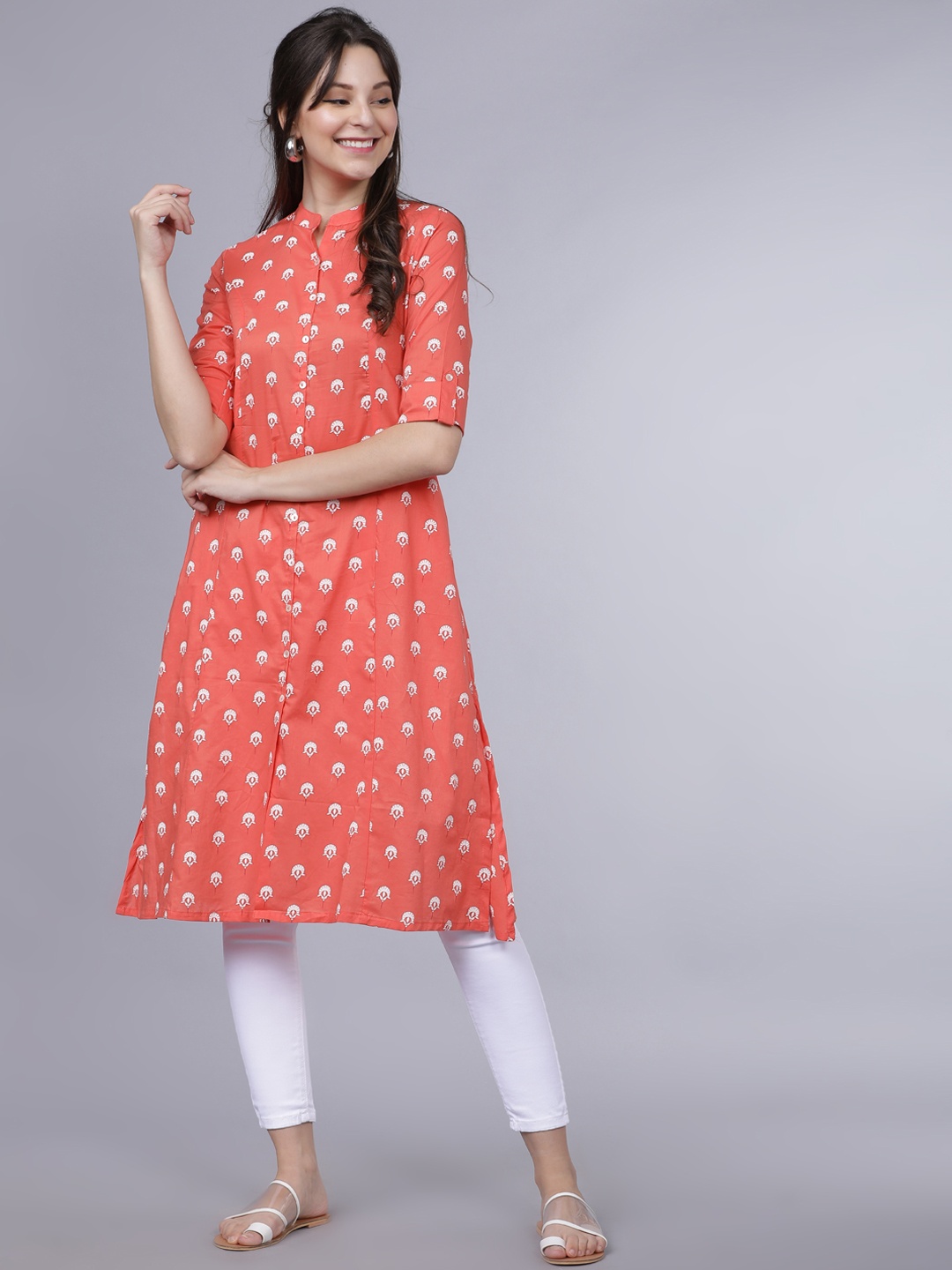 

Vishudh Women Coral Orange & White Printed A-Line Kurta