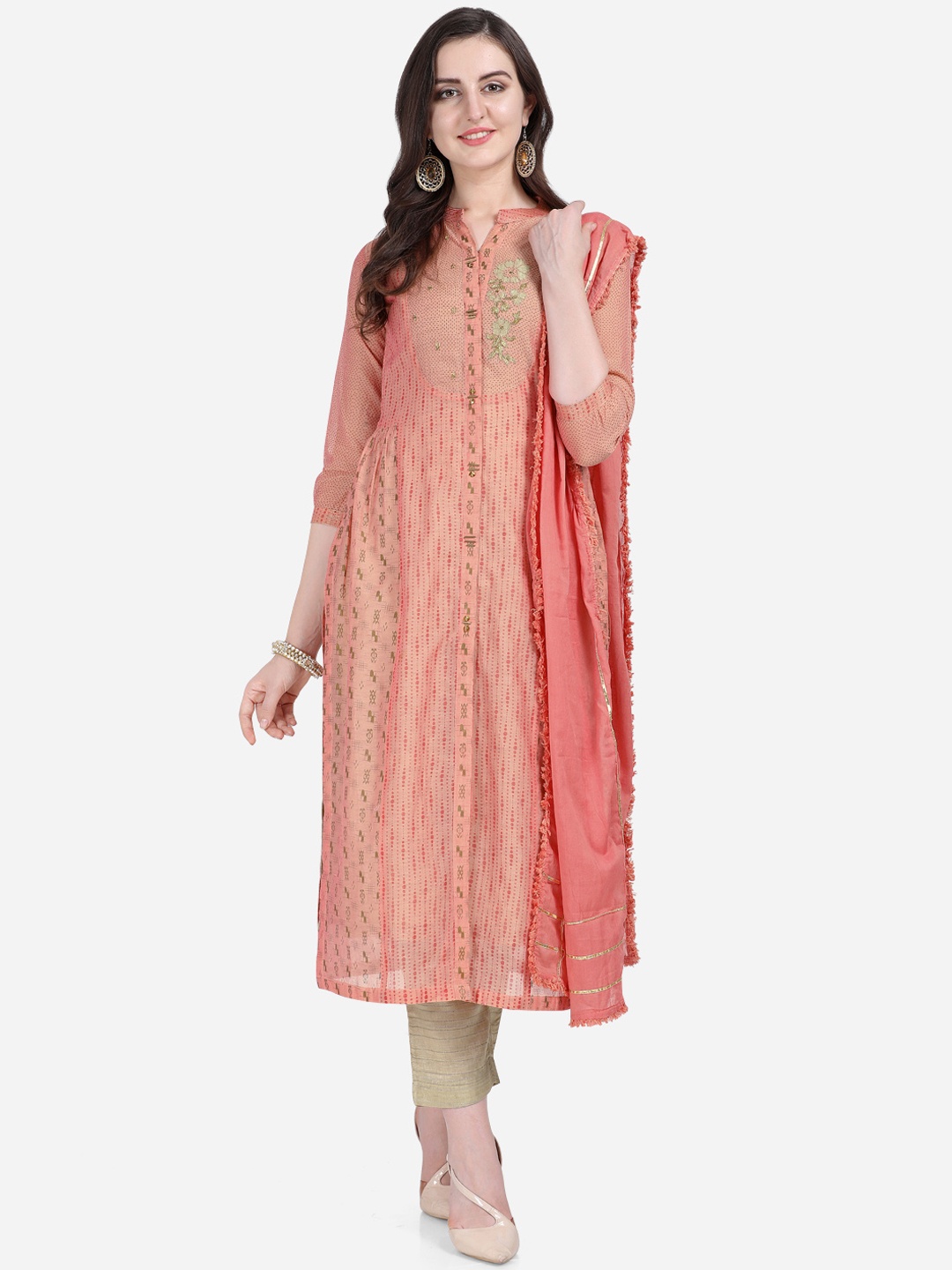 

Stylee LIFESTYLE Peach-Coloured & Lime Green Art Silk Semi-Stitched Dress Material
