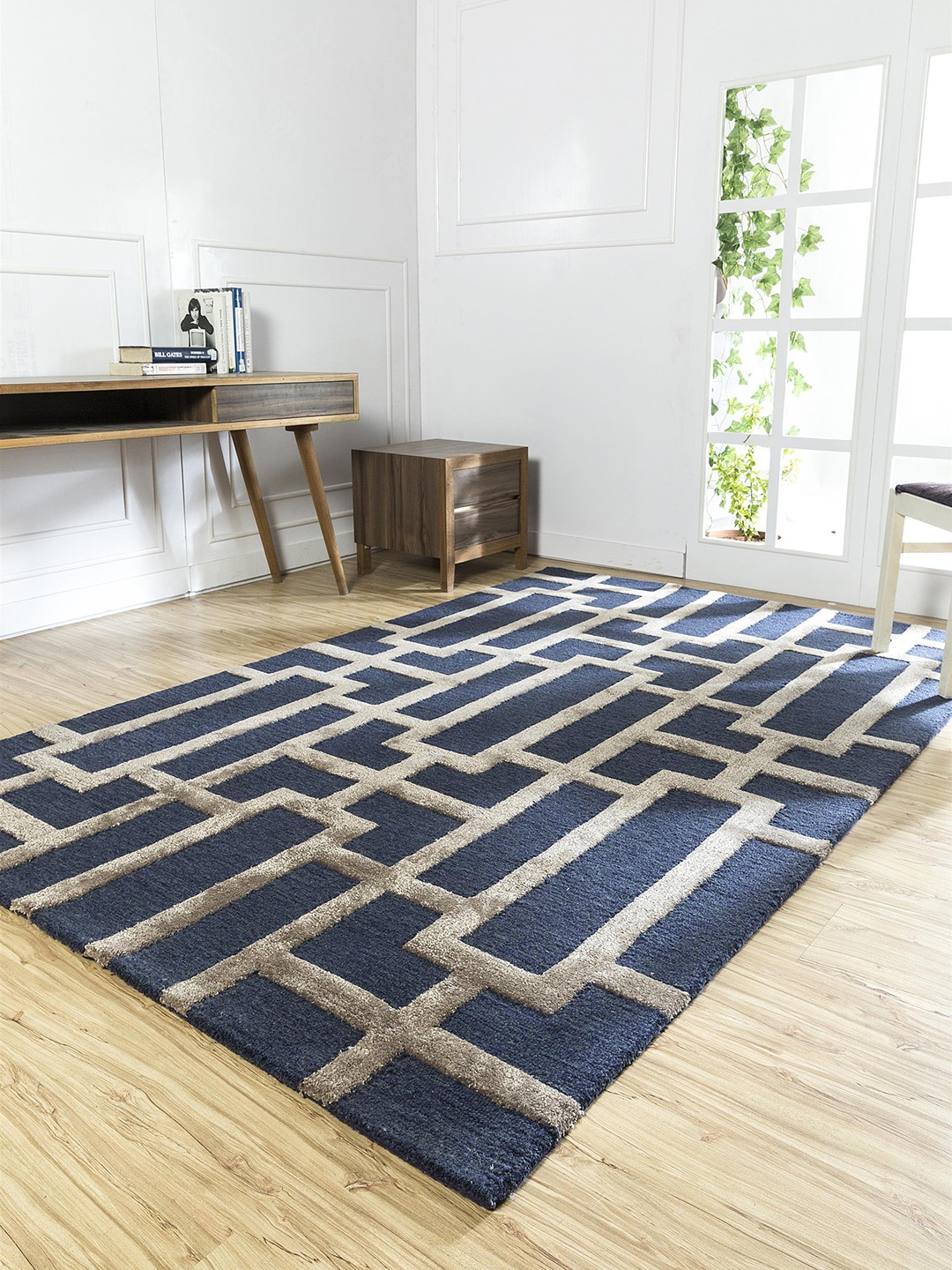 

Jaipur Rugs Navy Blue & Beige Geometric Printed Hand Tufted Anti-Skid Carpet