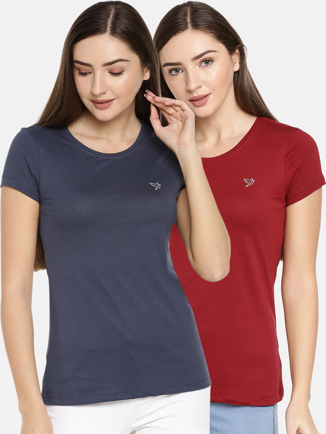

TWIN BIRDS Women Pack of 2 Solid Slim Fit Round Neck Pure Cotton T-shirts, Blue