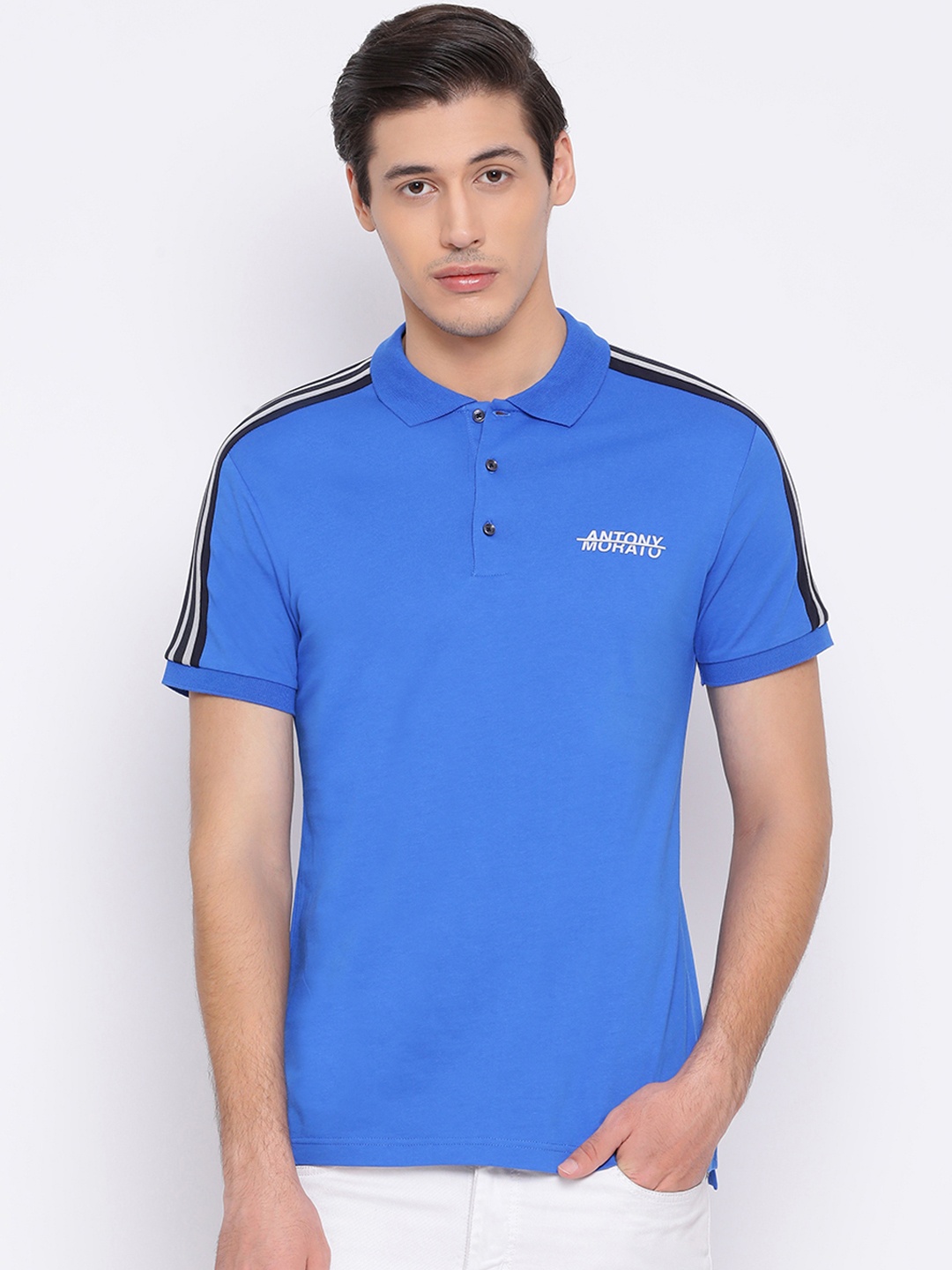 Antony Morato Men Blue Solid Polo Collar Pure Cotton T-shirt
