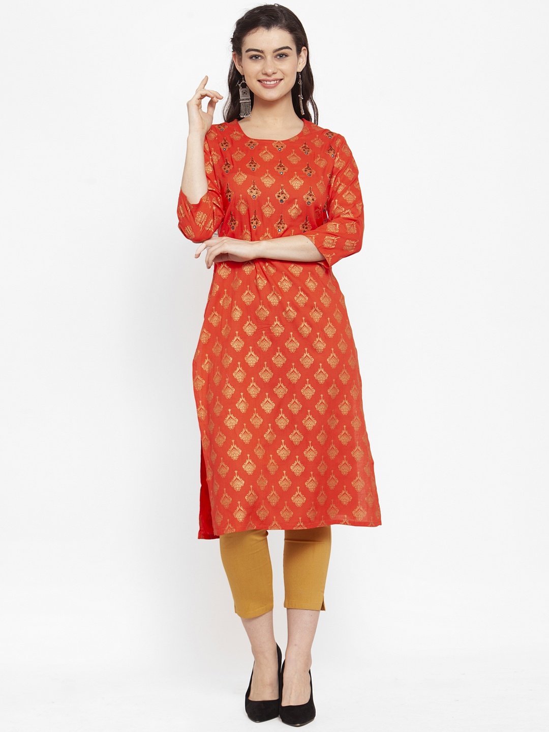 

ANAISA Women Red & Gold-Toned Foil Print Straight Kurta