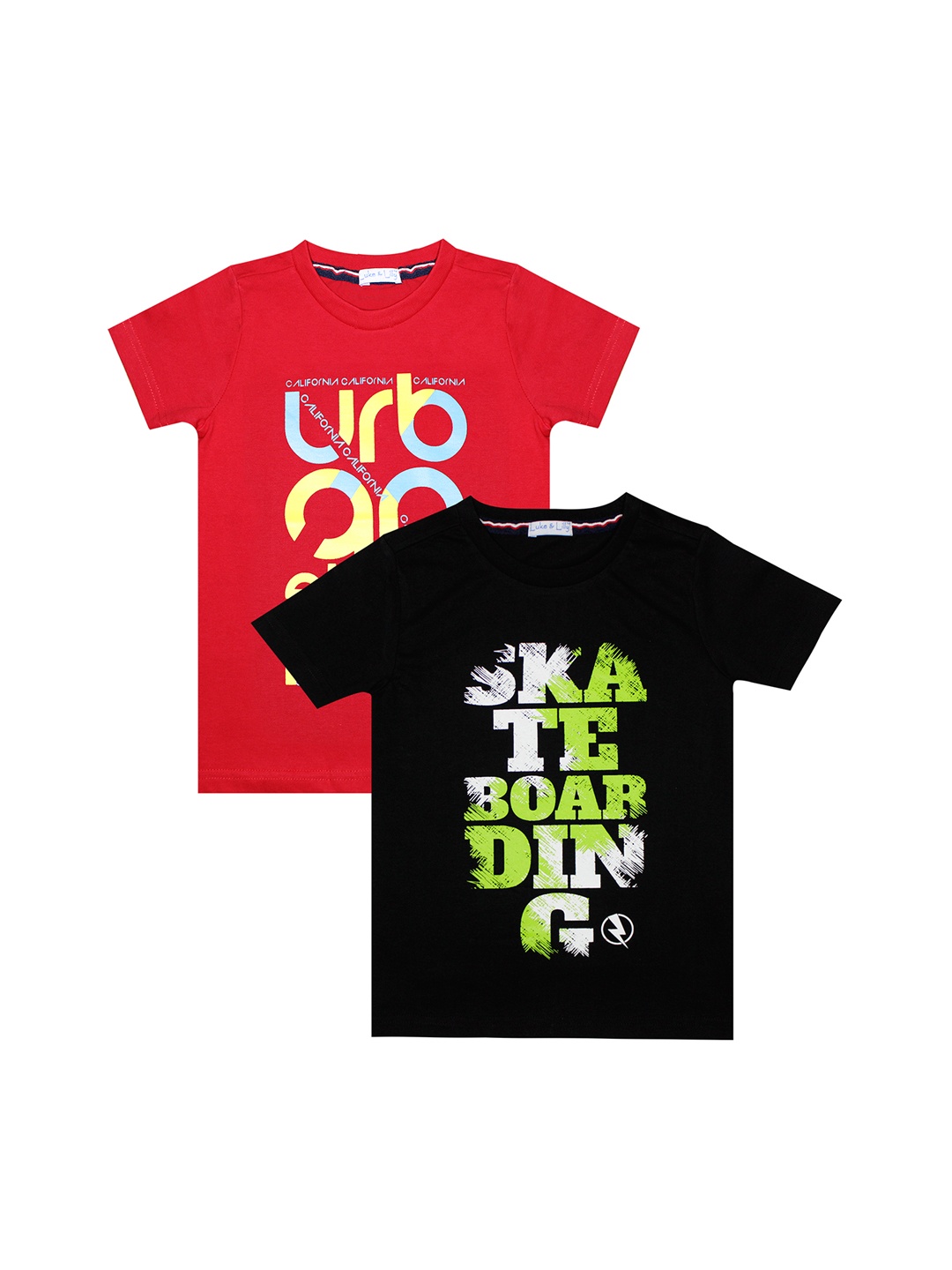

Luke Lilly Boys Pack Of 2 Printed Round Neck Pure Cotton T-shirt, Red
