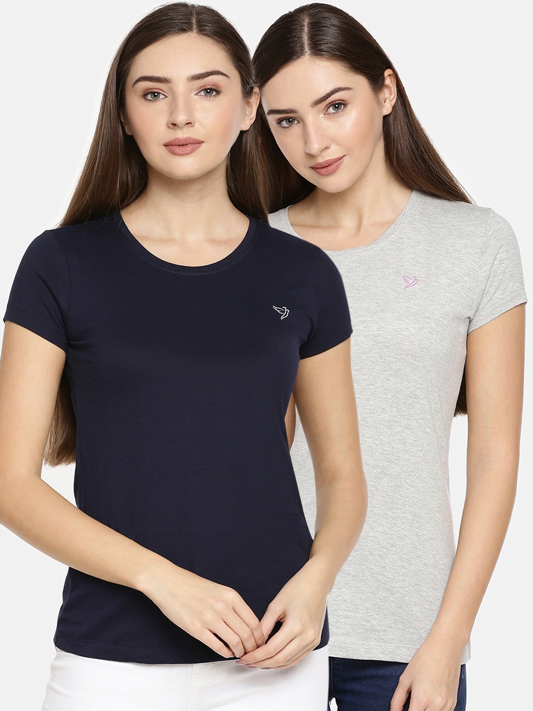 

TWIN BIRDS Women Pack of 2 Solid Round Neck T-shirt, Navy blue