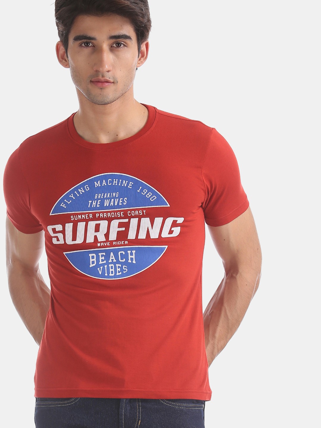 

Flying Machine Men Red Blue Printed Round Neck Pure Cotton T-shirt