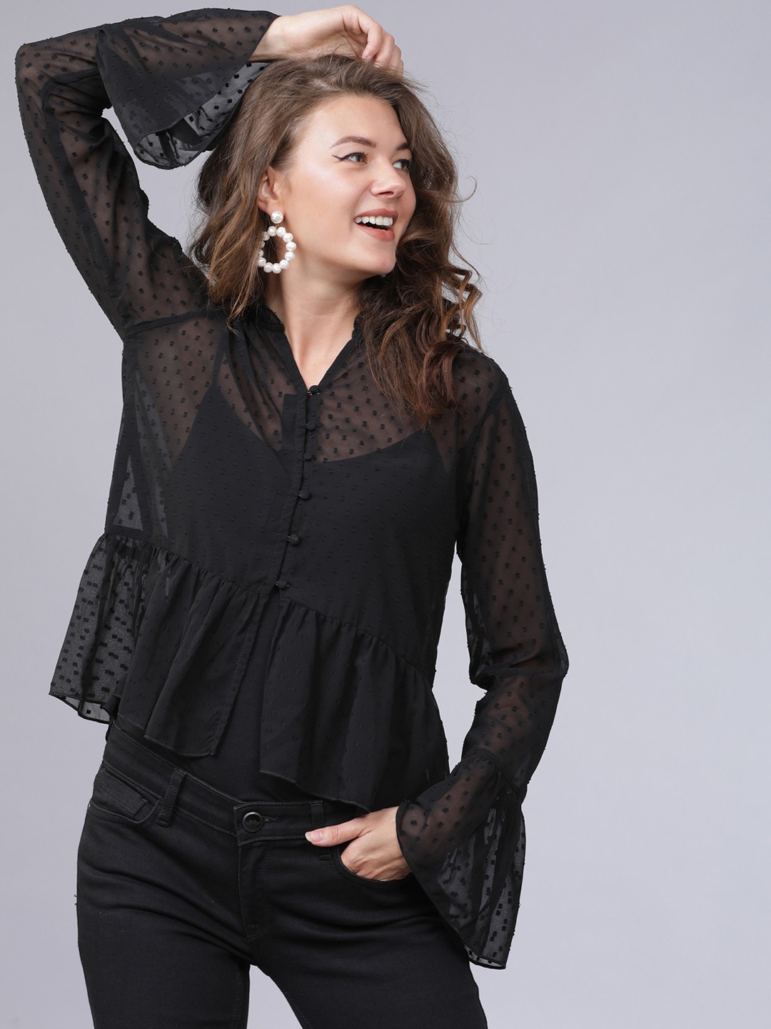 

Tokyo Talkies Women Black Self Design Peplum Top