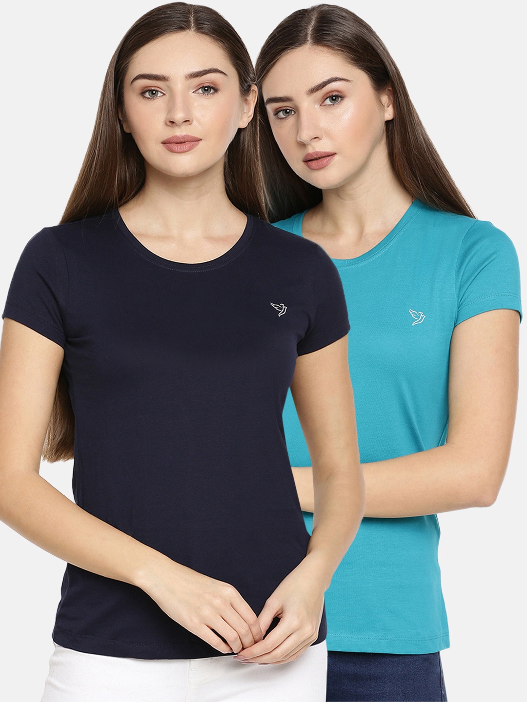 

TWIN BIRDS Women Pack Of 2 Blue Solid Round Neck Pure Cotton T-shirt