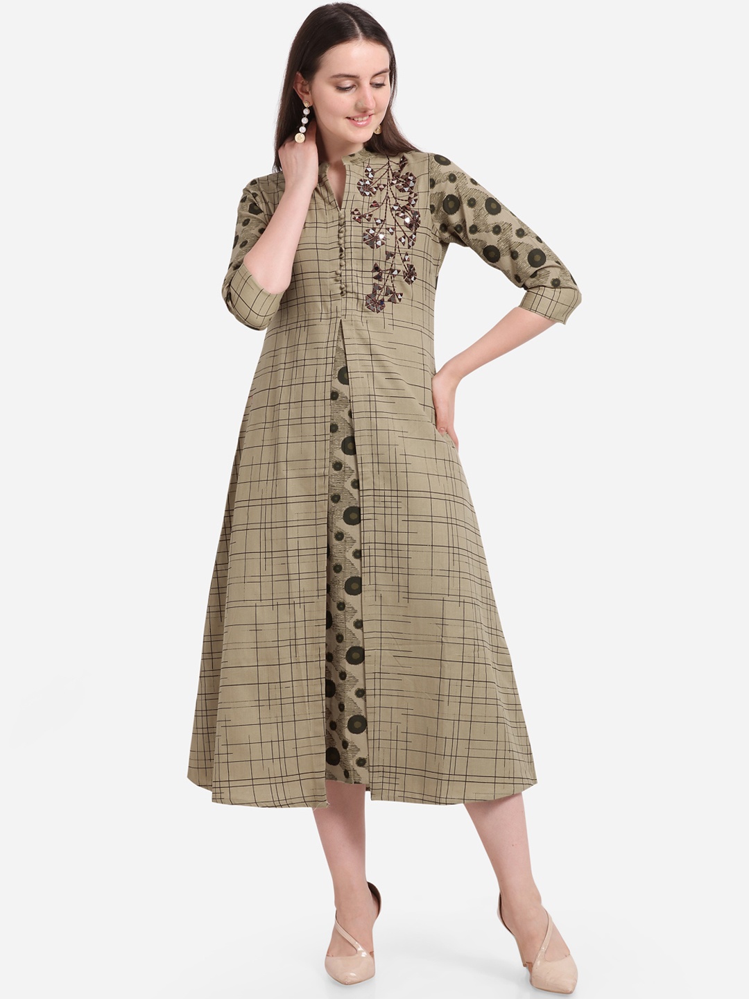 

Kvsfab Women Brown & Green Printed Embroidered A-Line Dress