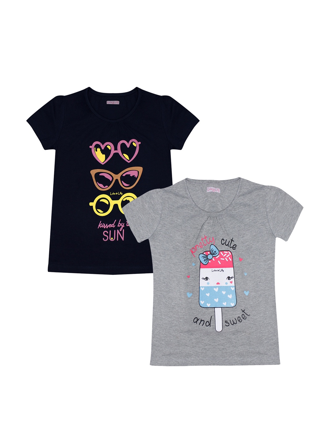 

Luke Lilly Girls Pack of 2 Printed Round Neck Pure Cotton T-shirts, Grey
