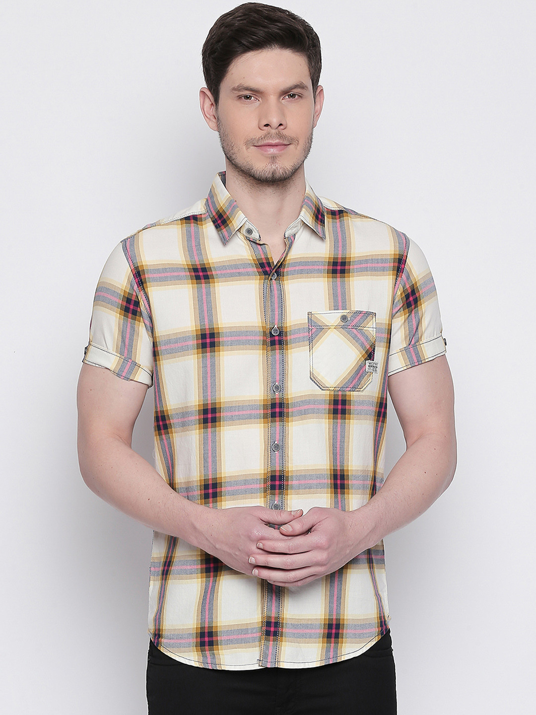 

Mufti Men White & Yellow Slim Fit Checked Casual Shirt