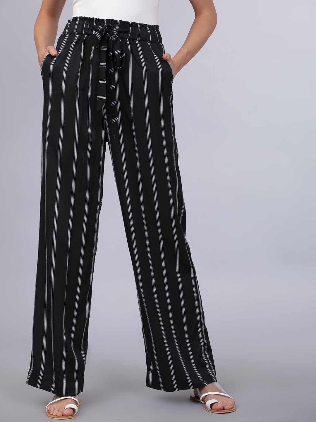 

Tokyo Talkies Women Black & Grey Regular Fit Striped Parallel Trousers