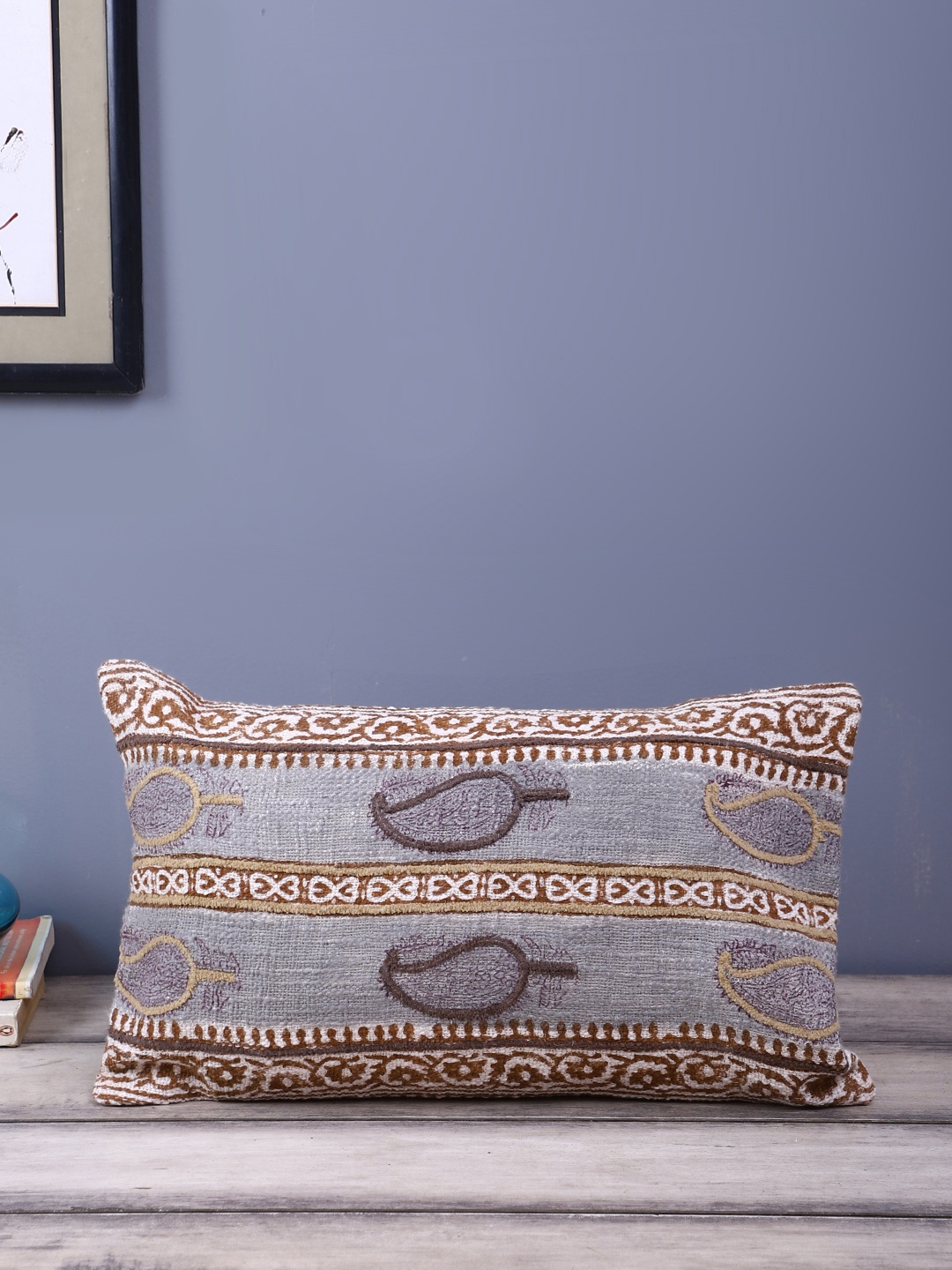 eyda Grey & Brown Set of Single Embroidered Rectangle Cushion Covers