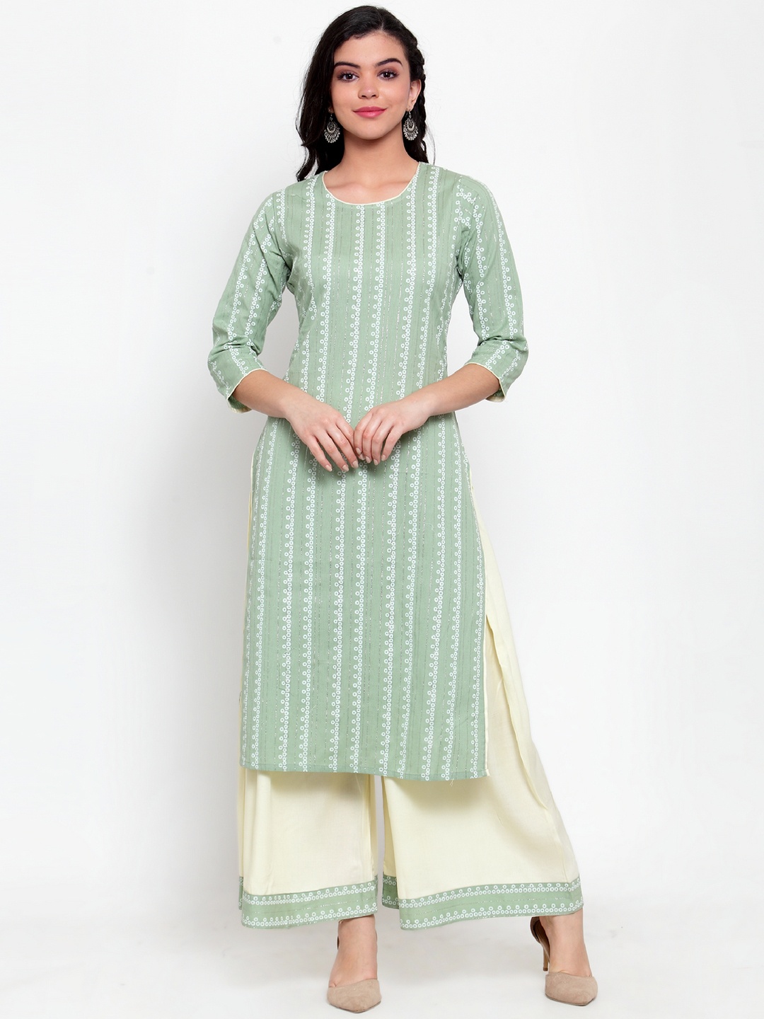 

ANAISA Women Green & Beige Dobby Printed Kurta with Palazzos