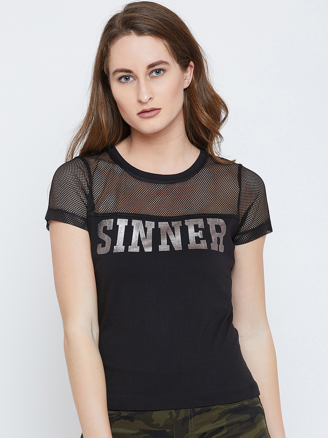 

PUNK Women Black & Grey Printed Round Neck T-shirt